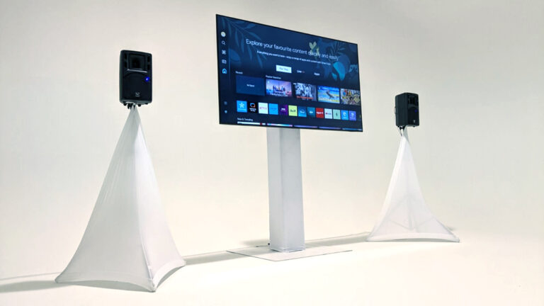 A Samsung 85" LED TV with 2x PA speakers for small conferences.