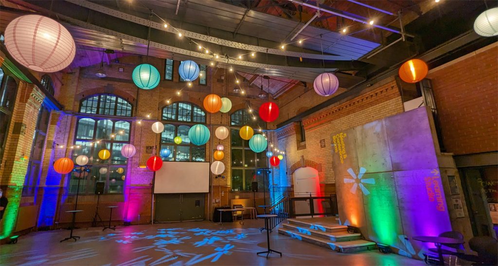 Paper Lanterns, festoon, uplights and effecfts lights for a wedding.